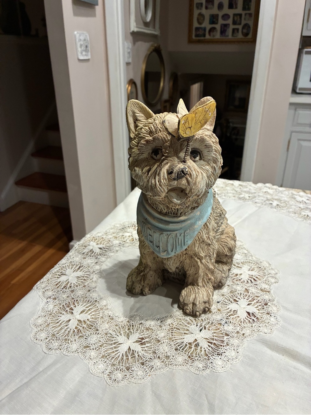 Vintage Decorative Resin Terrier Puppy with Blue Welcome Scarf